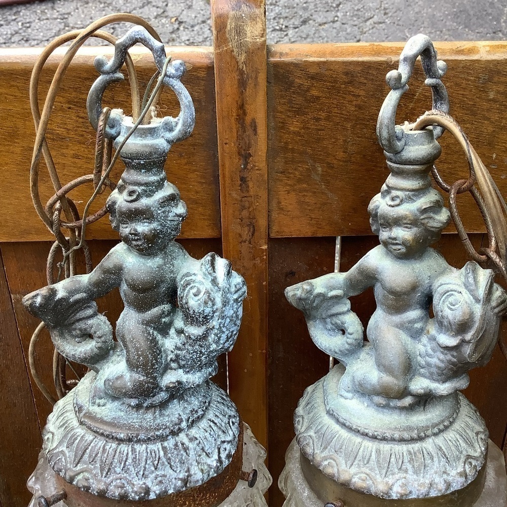 Vintage 1960’s Hollywood Regency Brass Cut Glass Cherub Hanging Swag Lamp Light - Picture 8 of 11